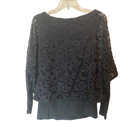 Joseph A. Top Blouse Elegant Black Lace Overlay Long Sleeve Banded Bottom Medium - Picture 2 of 8